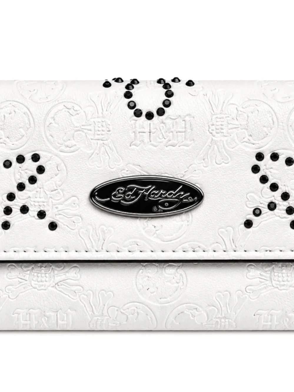 Ed Hardy White Embossed Wallet with Black Stud Accents & Logo Plaque with Skulls